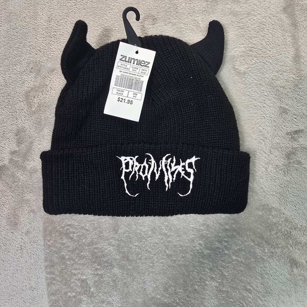 Broken Promises BP Horn Beanie Black Waffle Knit Devil Horns Embroidered Hat NWT